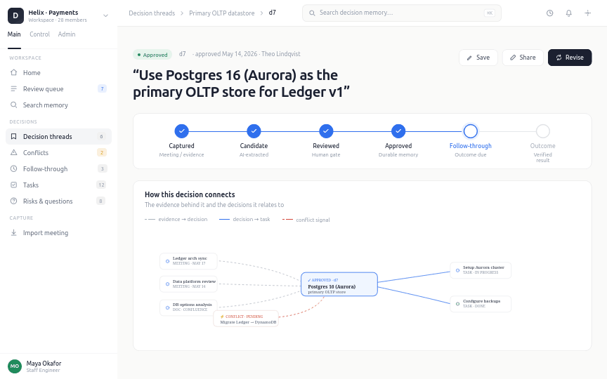 Decision Memory decision detail screen with rationale, evidence, tasks, and lineage